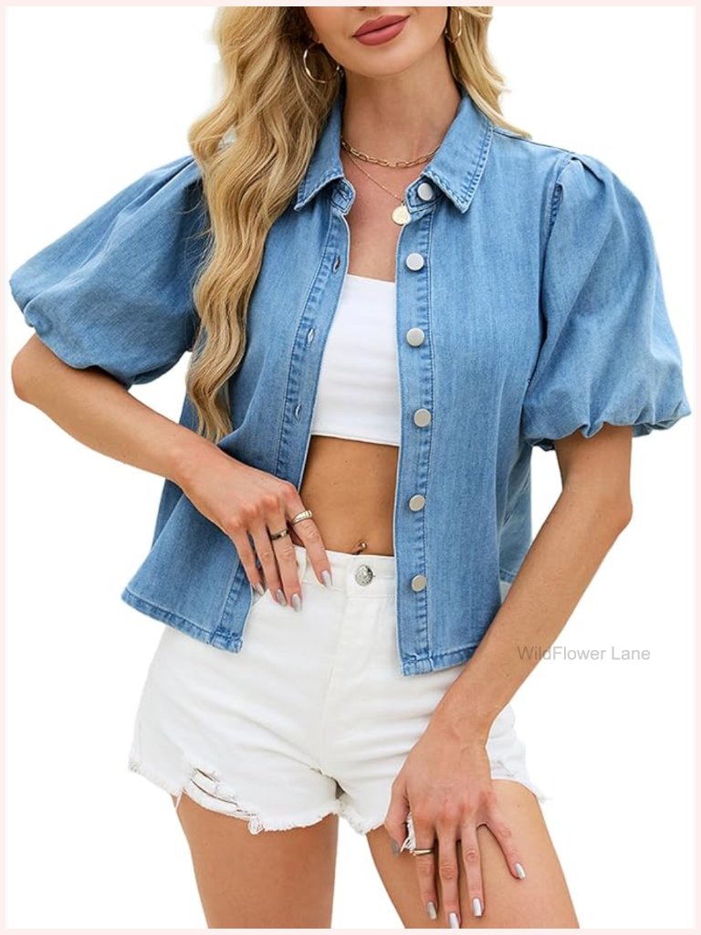 Puff Short Sleeve Denim Button Down Shirt Women Summer Chambray Top